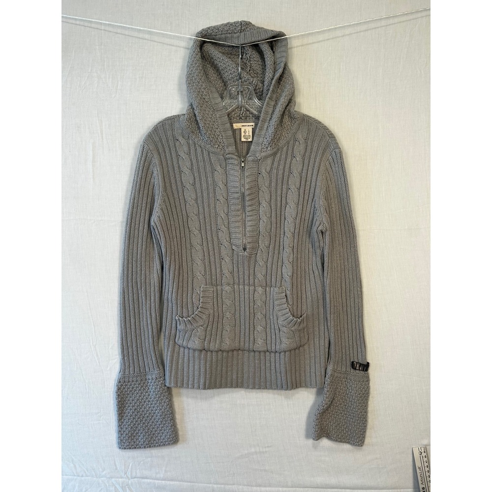 DKNY Jeans Womens Gray Cable Knit Hooded Quarter Zip Sweater Size L 2886